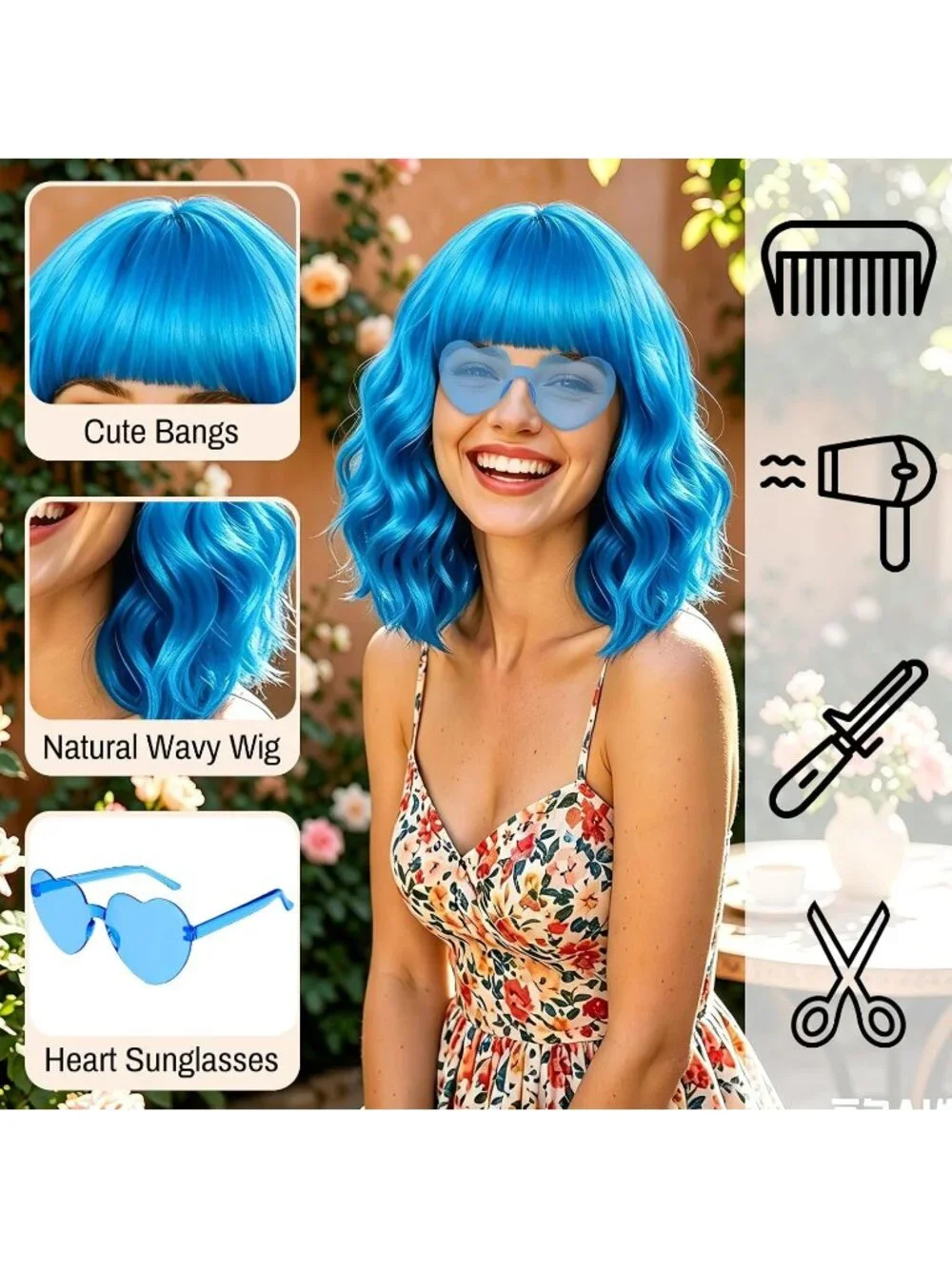 Women's Blue Curly Bob Synthetic Wigs Bangs With Neon Heart Sunglasses